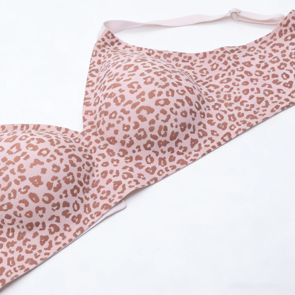 Soutien-gorge sans couture à imprimé léopard rose sans armatures, bonnet plein, doux, fin, soutien moulé, respirant et joli, décolleté en V profond, soutien-gorge push-up plus